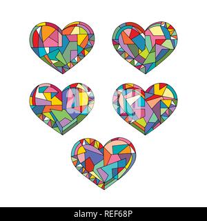 Hearts hand drawn abstract vector illustrations. Love geometrical mosaic cartoon collection in modern style. Stock Vector
