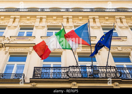 italian and european flags and other flag on a balcony Stock Photo