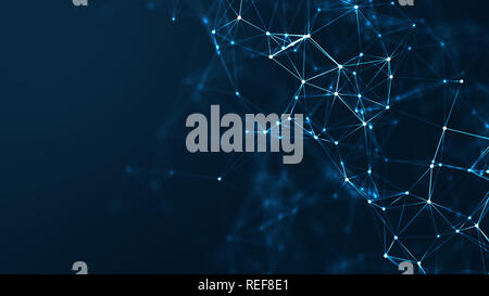 Abstract connected dots and lines on blue background. Communication and technology network concept with moving lines and dots. Stock Photo