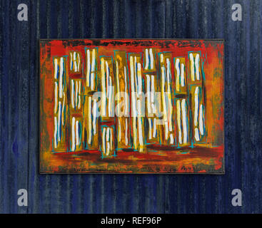 Abstract colorful oil painting, brush stripes, painted by Attila Hajnal, hanging on blue metal wall Stock Photo