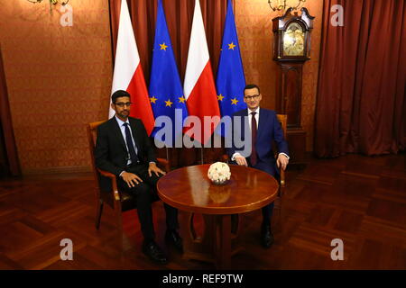 Warsaw, Poland. 21st Jan, 2019. Google CEO Sundararajan Pichai (L) meets with Polish Prime Minister Mateusz Morawiecki (R) in Warsaw. Pichai visits Poland to participate in the 'Central and Eastern Innotvation Roundtable'. Credit: Jakob Ratz/Pacific Press/Alamy Live News Stock Photo