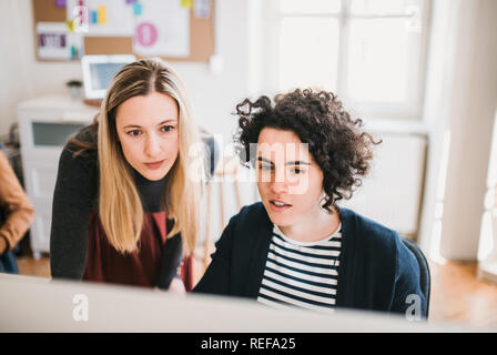 Two female business people with computer in a modern office, working. Stock Photo