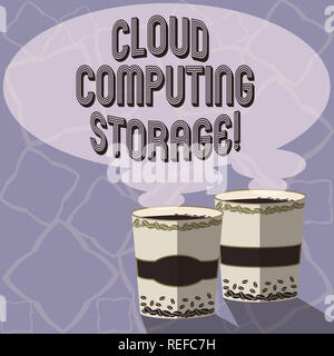 Text sign showing Cloud Computing Storage. Conceptual photo digital data is stored in logical pools or internet Two To Go Cup with Beverage and Steam  Stock Photo