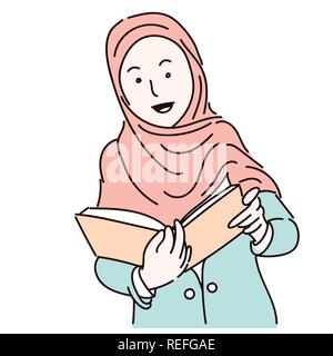Muslim women wearing hijab holding a book, cartoon style, for business and education concept - vector illustration flat design Stock Vector