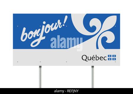 Vector illustration of the Bonjour Quebec road sign in French Stock Vector