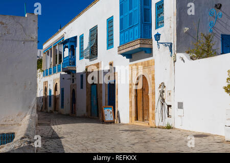 Cityscape with typical white blue colored houses in resort town Sidi Bou Said. Tunisia, North Africa. Stock Photo