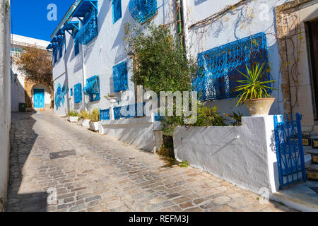 Cityscape with typical white blue colored houses in resort town Sidi Bou Said. Tunisia, North Africa. Stock Photo