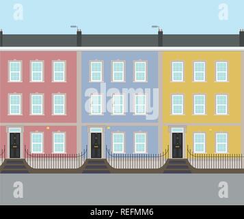 Bright Pink, Blue  and Yellow Georgian Typical UK Terraced Houses - Vector Home Property Vector Stock Vector