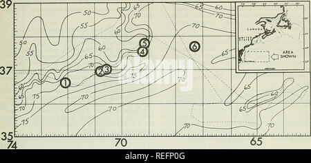 . Commercial fisheries review. Fisheries; Fish trade. 19. Fig. 3 - A modified example of special ASWEPS overflight charts received by radiofacsimile aboard the M/V Delaware during Cruise 67-2. Sea surface temperatures (Fahrenheit) on this chart are primarily interpreted from infrared radiation readings during the flight of March 28, 1967 (track shown by dashed line). Starting position of the Delaware's six longllne stations are numbered. Observed temperatures from tiie vessel on March 28 and 29 (Stations 3 and 4) agree closely with the aircraft data. Bigeye tuna (Thunnus obesus) were found at  Stock Photo