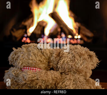 pair of brown teddy bears in front of burning logs in fireplace Stock Photo