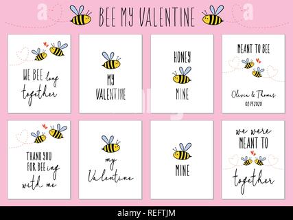Valentine's day cards with cute bee and quotes, set of vector design elements Stock Vector