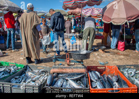 Oued Laou, Chefchaouen, Morocco - November 3, 2018: Fresh fish exposed for sale in the market that is established on Saturdays in the souk of Oued Lao Stock Photo