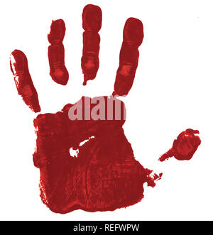 Red hand print on white background suggesting a bloody hand, a possible symbol of guilt. Stock Photo