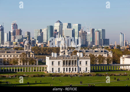 View of Canary Wharf from Greenwich park Stock Photo