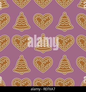 Seamless pattern with gingerbread bells and hearts. Holiday background. Design for banner, poster, textile, print. Stock Vector