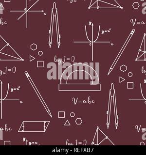 Mathematical scientific vector seamless pattern with geometry plots, tools and formulas. Education elements. Compasses, protractor, pencil, graphics,  Stock Vector