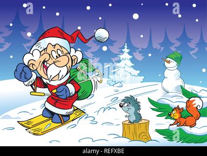 In the illustration, a cartoon santa claus on skis is hurrying through the forest for a holiday. He is seen off at him squirrel, hedgehog, snowman. Il Stock Vector