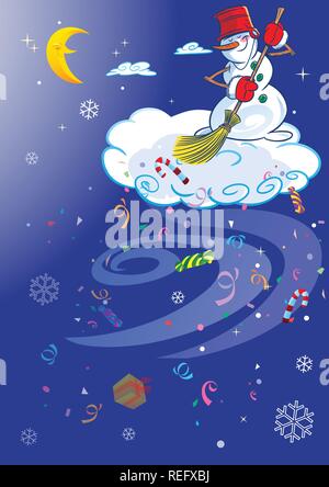 The illustration shows a funny snowman, which stands on a white cloud in the night sky and broom sweeps down gifts, confetti and sweets. Stock Vector