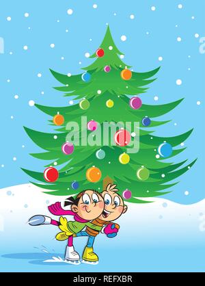 The illustration shows a boy and girl who go for a drive near a Christmas tree. Illustration done in cartoon style, on separate layers. Stock Vector