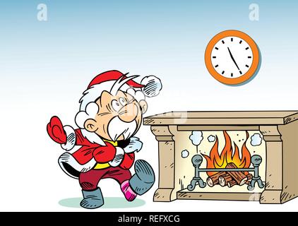 Santa Claus hastily dressed in a room near the fireplace. Illustration done on separate layers. Stock Vector