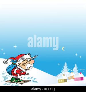Santa Claus came to ski toward a small village with gifts for Christmas. Illustration done on separate layers, there is a place for text. Stock Vector