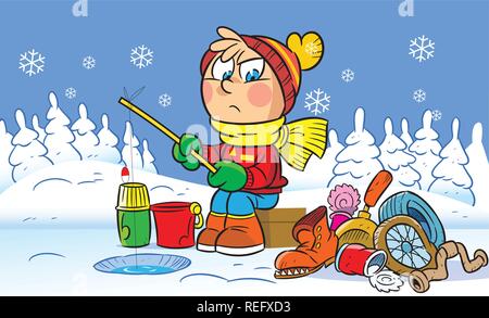 The illustration shows funny a boy who is engaged in the winter fishing. Illustration done in cartoon style, on separate layers. Stock Vector