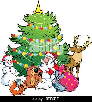 The illustration shows the snowman and Santa Claus, who reads the list of holiday gifts for animals on the background of Christmas tree. Stock Vector