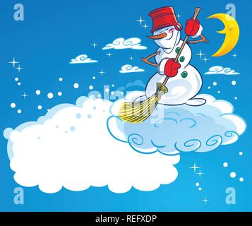 In the illustration the snowman in a New Year's night. He stands on a cloud and sweep the snow. Illustration done in cartoon style. Stock Vector
