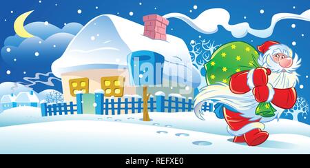 The illustration shows Santa Claus, who goes from house to house on Christmas night. He leaves home gifts. Illustration done in cartoon style. Stock Vector