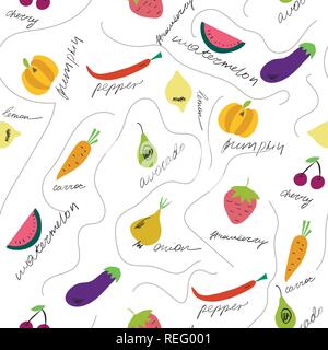 Cute fruits and vegetables with their names seamless pattern. Hand drawn elements on the white background. Vector illustration. Stock Vector