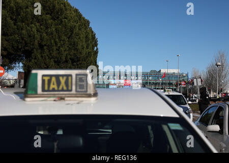 A Taxi Car Seen Parked At The Madrid Airport Terminal 4 Without Taking Any Passengers While Taxi Driver Hanging On A Placard On The Wall As Part Of Their Strike Against The