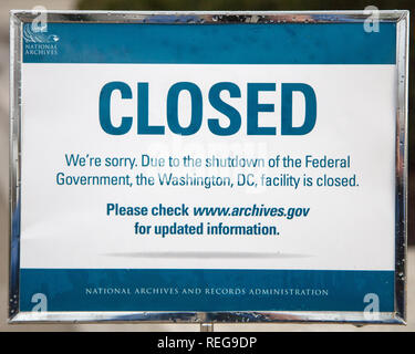 Washington DC, USA. 20th Jan 2019. National Archives shut. US Federal Government Shutdown Continues and enters 2nd month Credit: Robert Blakley/Alamy Live News