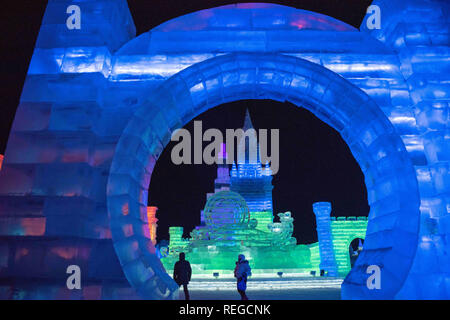 Harbin, China. 22nd Jan, 2019. Various ice and snow sculptures can be seen at Harbin Ice and Snow World Park in Harbin, northeast China's Heilongjiang Province. Credit: SIPA Asia/ZUMA Wire/Alamy Live News Stock Photo