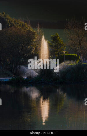 Evening light over the fountain in Trenance Boating lake in Trenance Park in Newquay Cornwall. Stock Photo