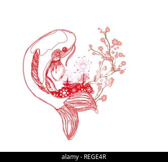 Japanese koi and ancient building background Stock Vector