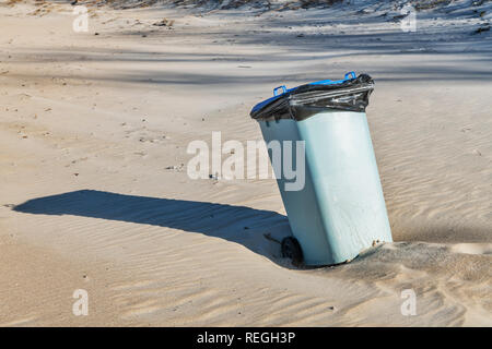 A trashcan on the beach of the Baltic Sea in Kolobrzeg, West Pomerania, Poland, Europe Stock Photo