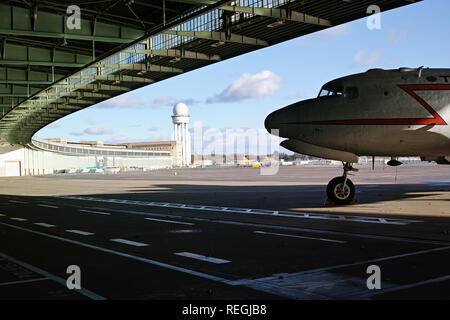 Templehof airport in Berlin Germany airport runway with an old airplane parked Stock Photo