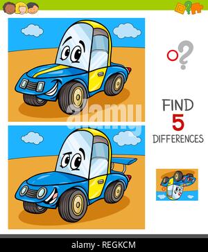 Cartoon Illustration of Finding Five Differences Between Pictures Educational Game for Children with Funny Racing Car Stock Vector