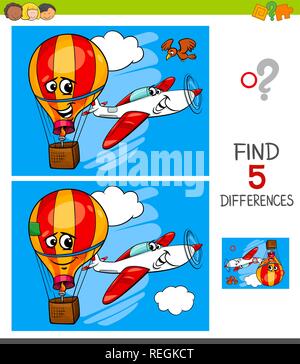 Cartoon Illustration of Finding Five Differences Between Pictures Educational Game for Children with Plane and Hot Air Balloon Stock Vector