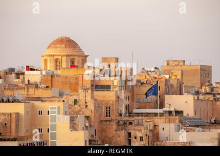 Flying the EU flag. View of the walled city of Valletta from Upper Barrakka Gardens in Malta. Stock Photo