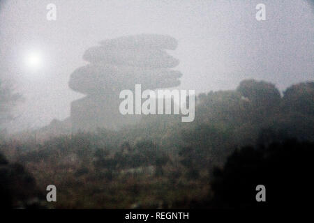 granite stones stack, in the mist and fog ,Bodmin moor,Cornwall, Stock Photo