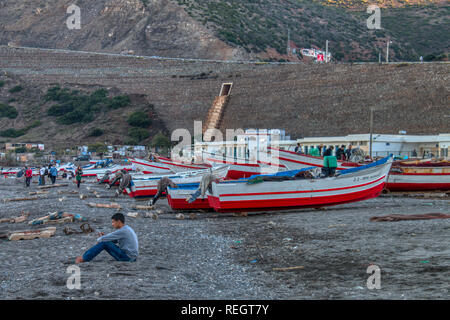 Oued Laou, Chefchaouen, Morocco - November 3, 2018: Fishing is the main livelihood in Oued Laou, a small fishing village on the Mediterranean coast Stock Photo