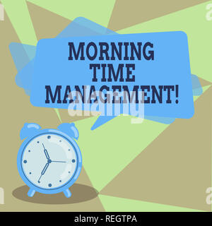 Text sign showing Morning Time Management. Conceptual photo optimal use of the time available to them on the job Blank Rectangular Color Speech Bubble Stock Photo