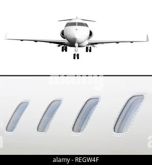 Collection of two photos of Private Jet Aircraft Isolated on white and Detail of Four windows of Airplace Stock Photo