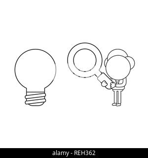 Vector illustration businessman character holding magnifying glass and looking light bulb. Black outline. Stock Vector