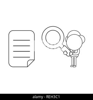 Vector illustration businessman character holding magnifying glass and looking written paper. Black outline. Stock Vector