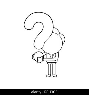 Vector illustration businessman character holding question mark. Black outline. Stock Vector