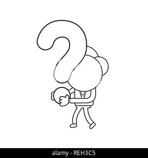 Vector illustration businessman character walking and holding question mark. Black outline. Stock Vector