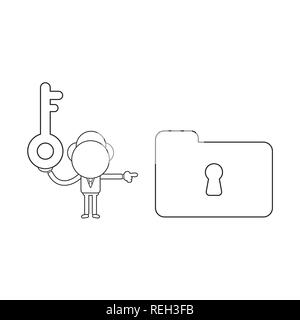 Vector illustration businessman character holding key and pointing file folder keyhole. Black outline. Stock Vector
