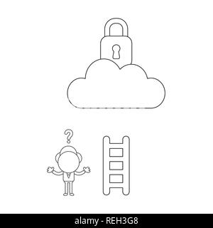 Vector illustration confused businessman character  cannot reach padlock on cloud with short wooden ladder. Black outline. Stock Vector